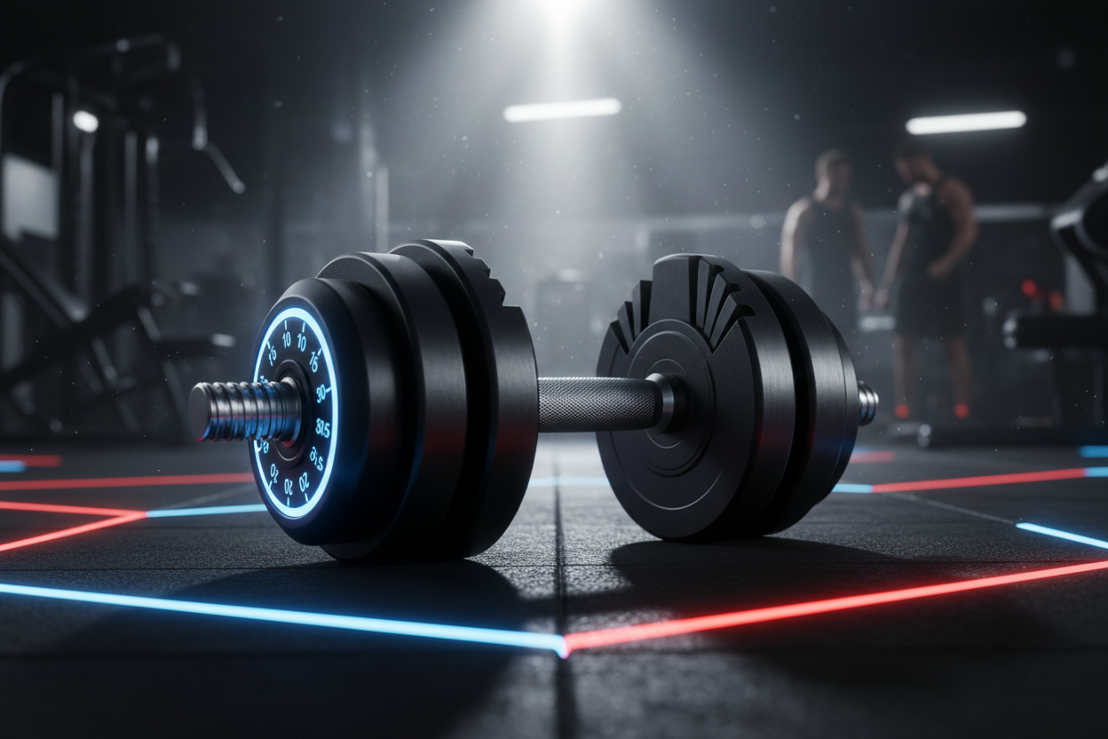 Adjustable dumbbell 5–52 lbs with modern selector dial, premium black/steel design, placed on gym floor with neon highlights, high contrast lighting, fitness marketing style, ultra-detailed 8K resolution