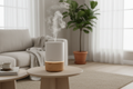 Minimalist ultrasonic humidifier with soft LED glow, modern home interior, cool mist rising gently, aesthetic lifestyle shot, neutral colors, premium wellness product photo, 8K.