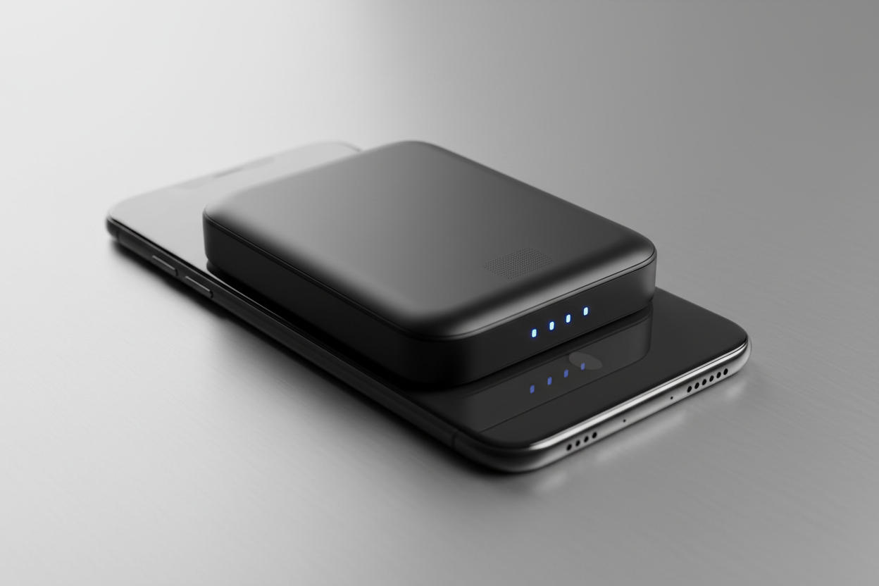 Modern magnetic power bank attached to the back of a smartphone, glowing LED indicators, sleek matte black design, tech product photo, soft shadows, bright highlights, 8K ultra crisp.