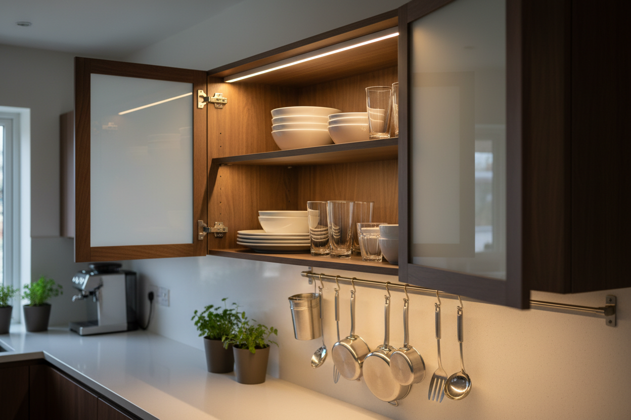 Motion-activated LED strip lighting turning on inside a kitchen cabinet, modern home setting, soft glow lighting, minimalist design, detailed warm ambiance, 8K lifestyle product shot.