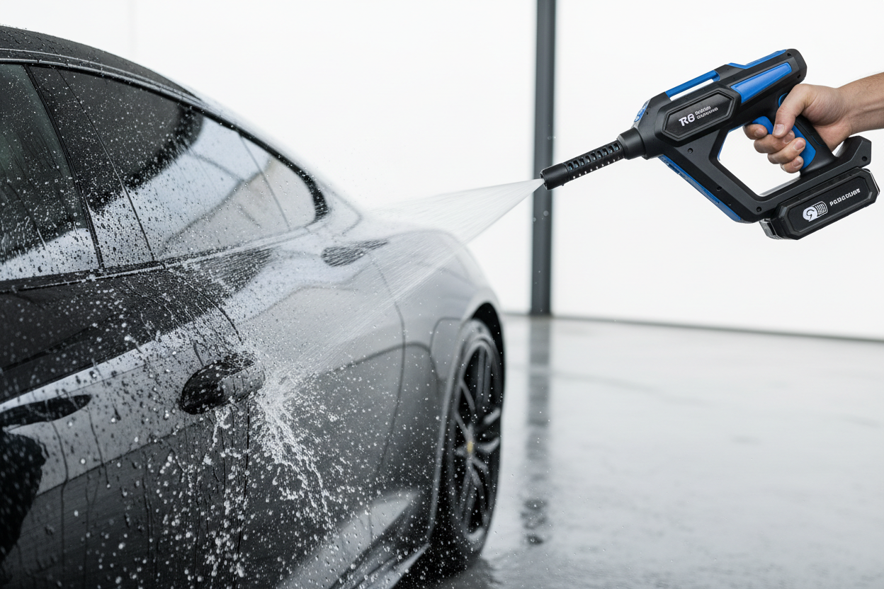 Portable cordless pressure washer, sleek black/blue design, spraying water on a car surface, clean white background and lifestyle setting, water droplets detailed, high-tech handheld washer, 8K marketing photo.