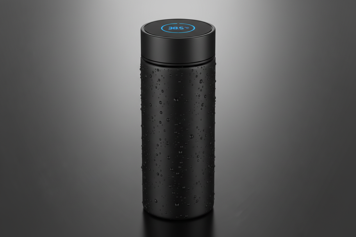 Smart insulated water bottle with digital temperature display on lid, matte black finish, studio lighting, vapor condensation, premium lifestyle product photo, 8K resolution