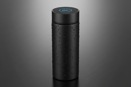 Smart insulated water bottle with digital temperature display on lid, matte black finish, studio lighting, vapor condensation, premium lifestyle product photo, 8K resolution